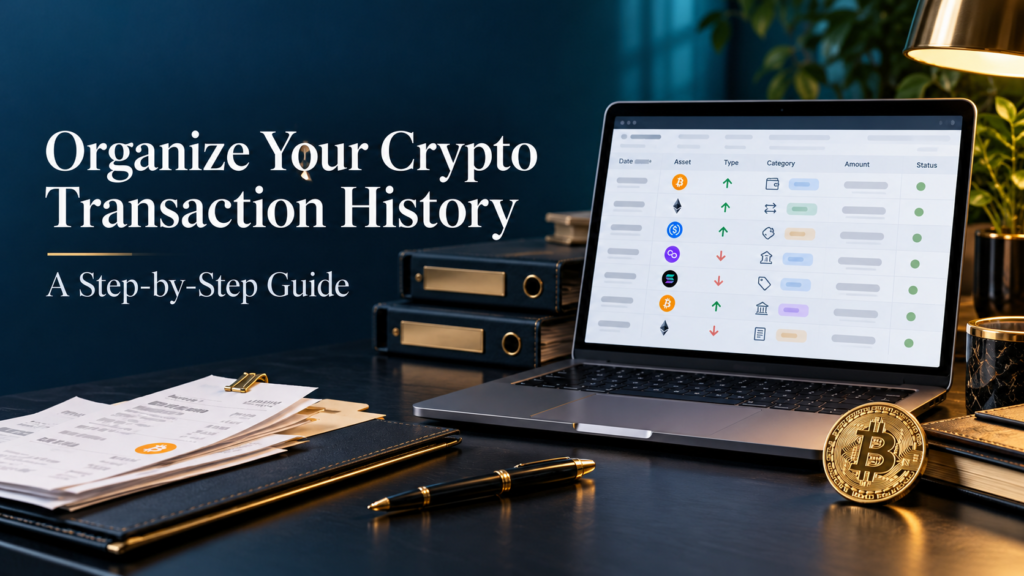 Laptop displaying cryptocurrency transaction history beside organized receipts, folders, and a Bitcoin coin.